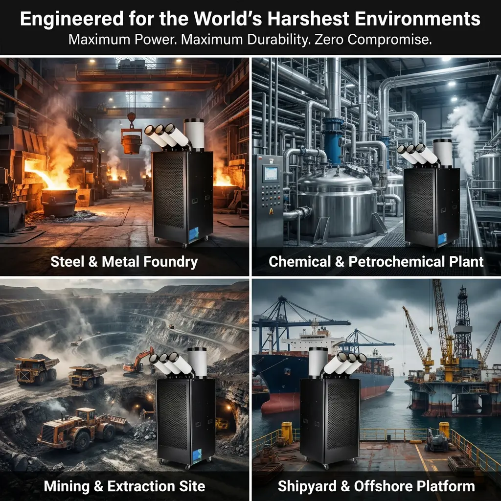 प्रिमियम पोर्टेबल इन्डस्ट्रियल स्पट कूलर 1200m3h उच्च एयरफ्लो 7m/s लामो दायरा 3-मिनेट र्यापिड कूल LCD स्मार्ट नियन्त्रण