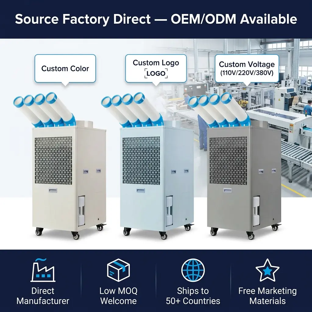 OEM कस्टम लोगो औद्योगिक पोर्टेबल एयर कन्डिसनर 110V 220V 380V बहु-भोल्टेज कम MOQ कारखाना प्रत्यक्ष आपूर्ति