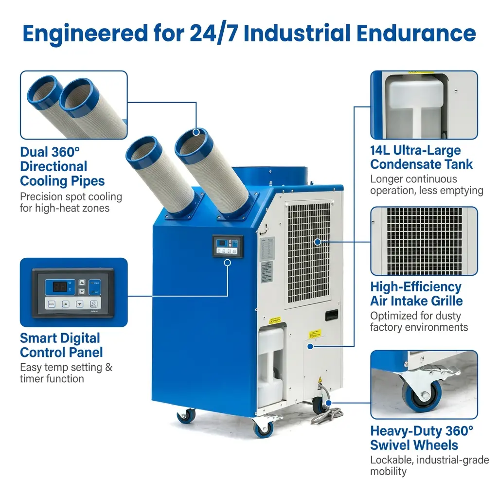 OEM 14L ठूलो ट्यांक 2700W पावर 9300BTU रोटरी कम्प्रेसर पोर्टेबल स्पट कूलर कार्यशालाको लागि औद्योगिक एयर कन्डिसनर